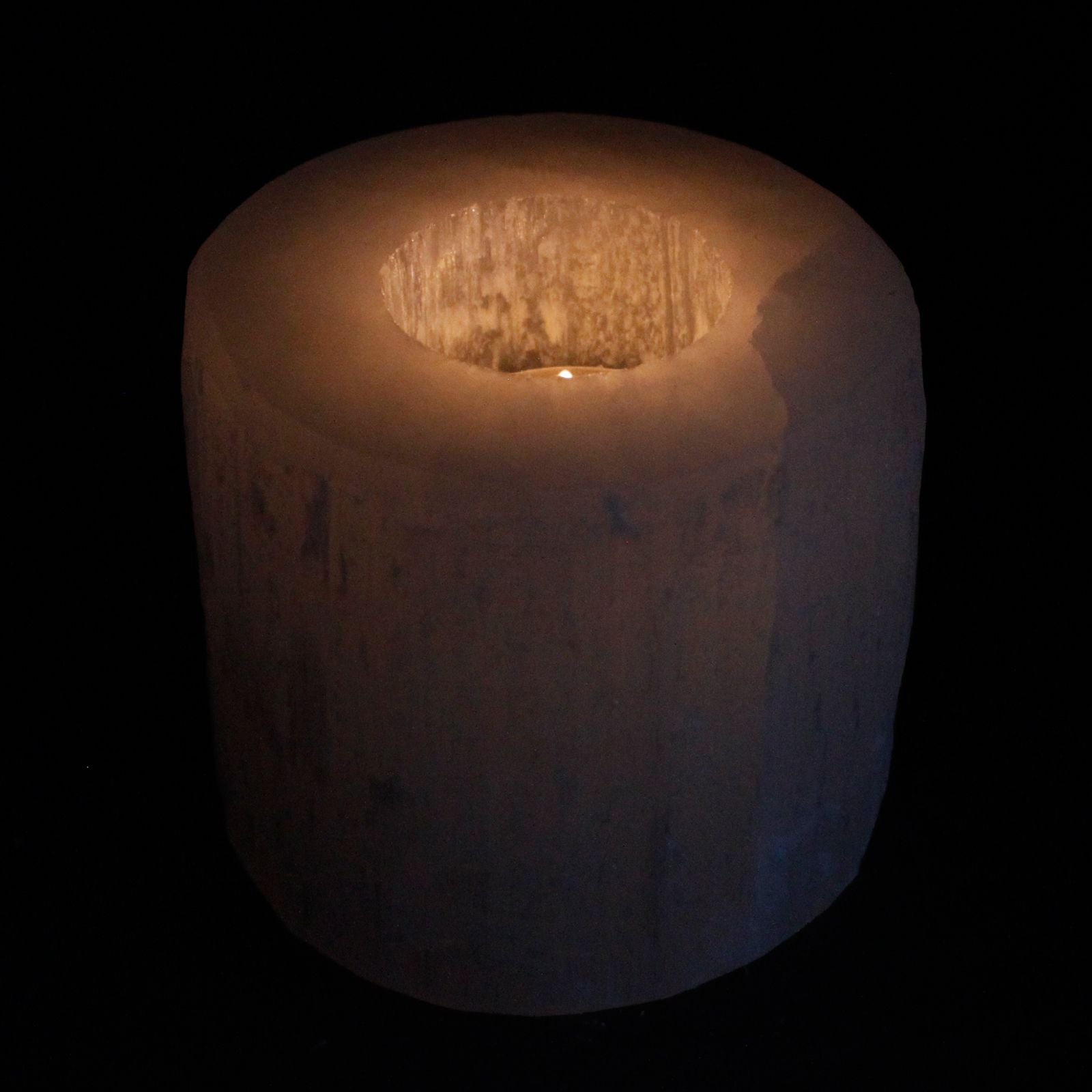 Polished Selenite Cylinder Candle Holder 8 Cm featuring satin white sheen and fibrous texture - Positive Faith Hope Love
