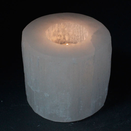 Polished Selenite Cylinder Candle Holder 8 Cm featuring satin white sheen and fibrous texture - Positive Faith Hope Love
