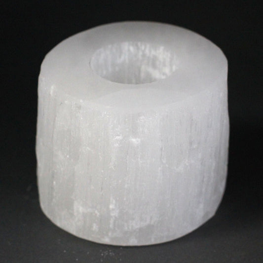 Polished Selenite Cylinder Candle Holder - 8 cm featuring satin white sheen and fibrous texture - Positive Faith Hope Love