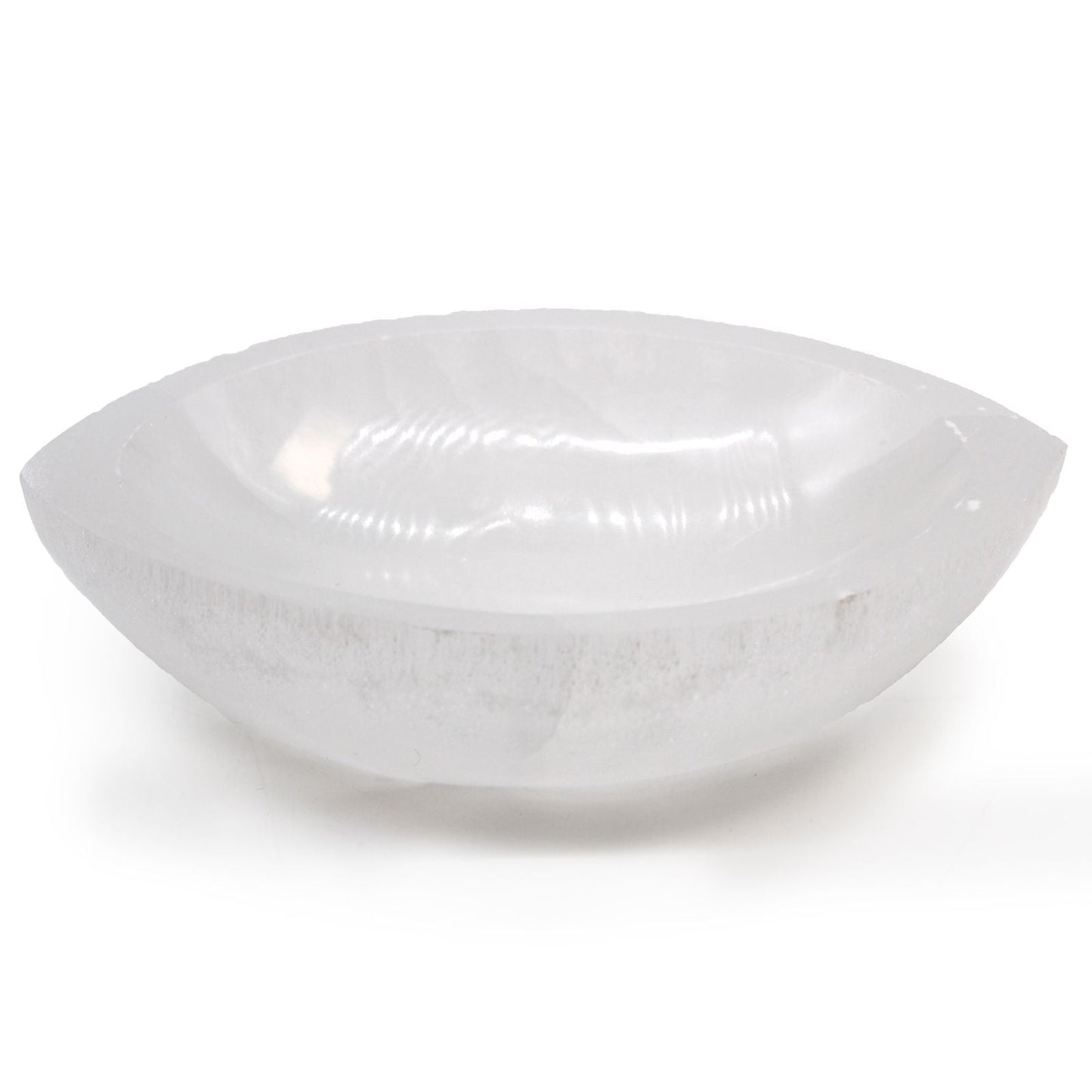 Polished Selenite Eye Bowl - 15cm featuring satin white sheen and fibrous texture - Positive Faith Hope Love