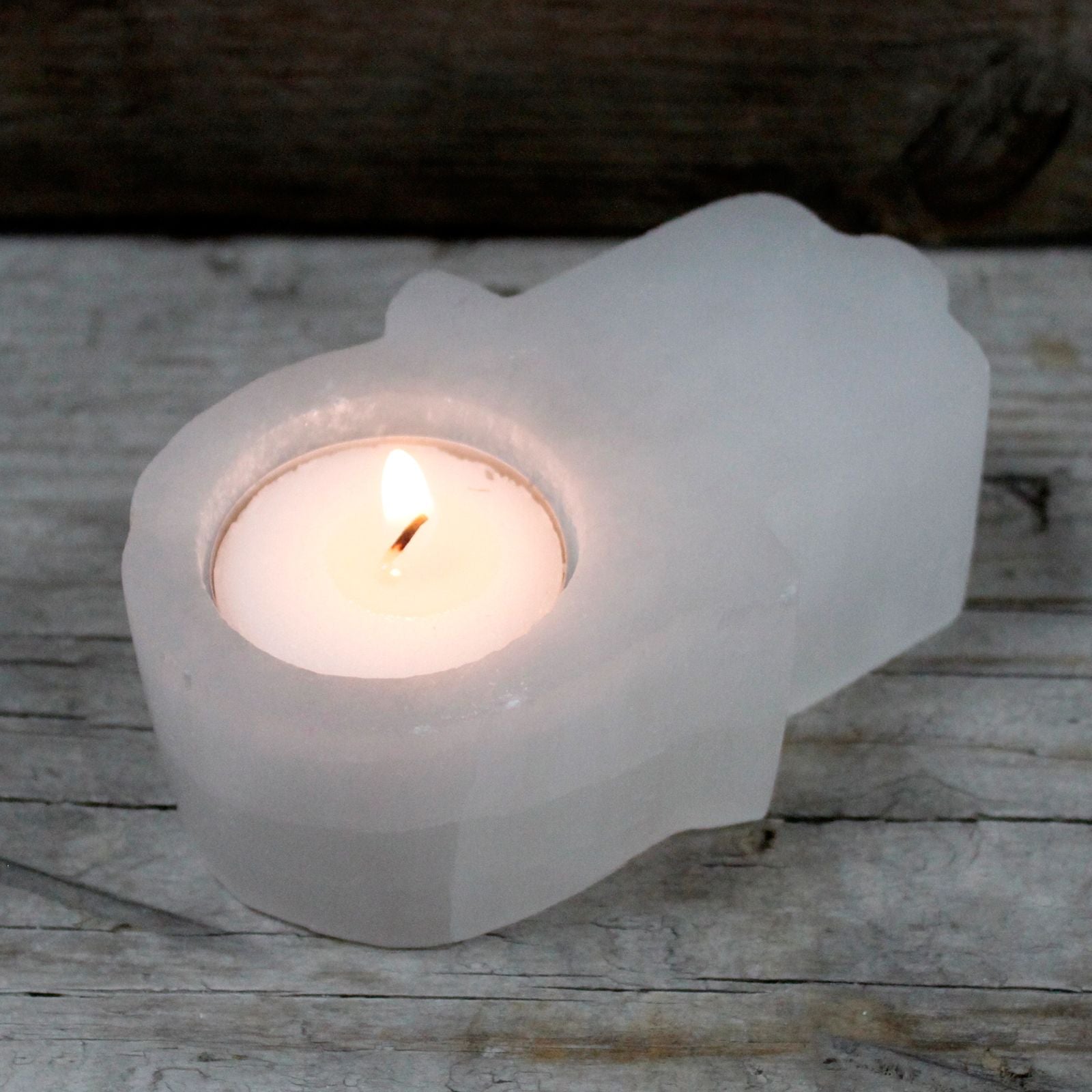 Polished Selenite Hamsa Candle Holder featuring satin white sheen and fibrous texture - Positive Faith Hope Love