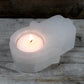 Polished Selenite Hamsa Candle Holder featuring satin white sheen and fibrous texture - Positive Faith Hope Love