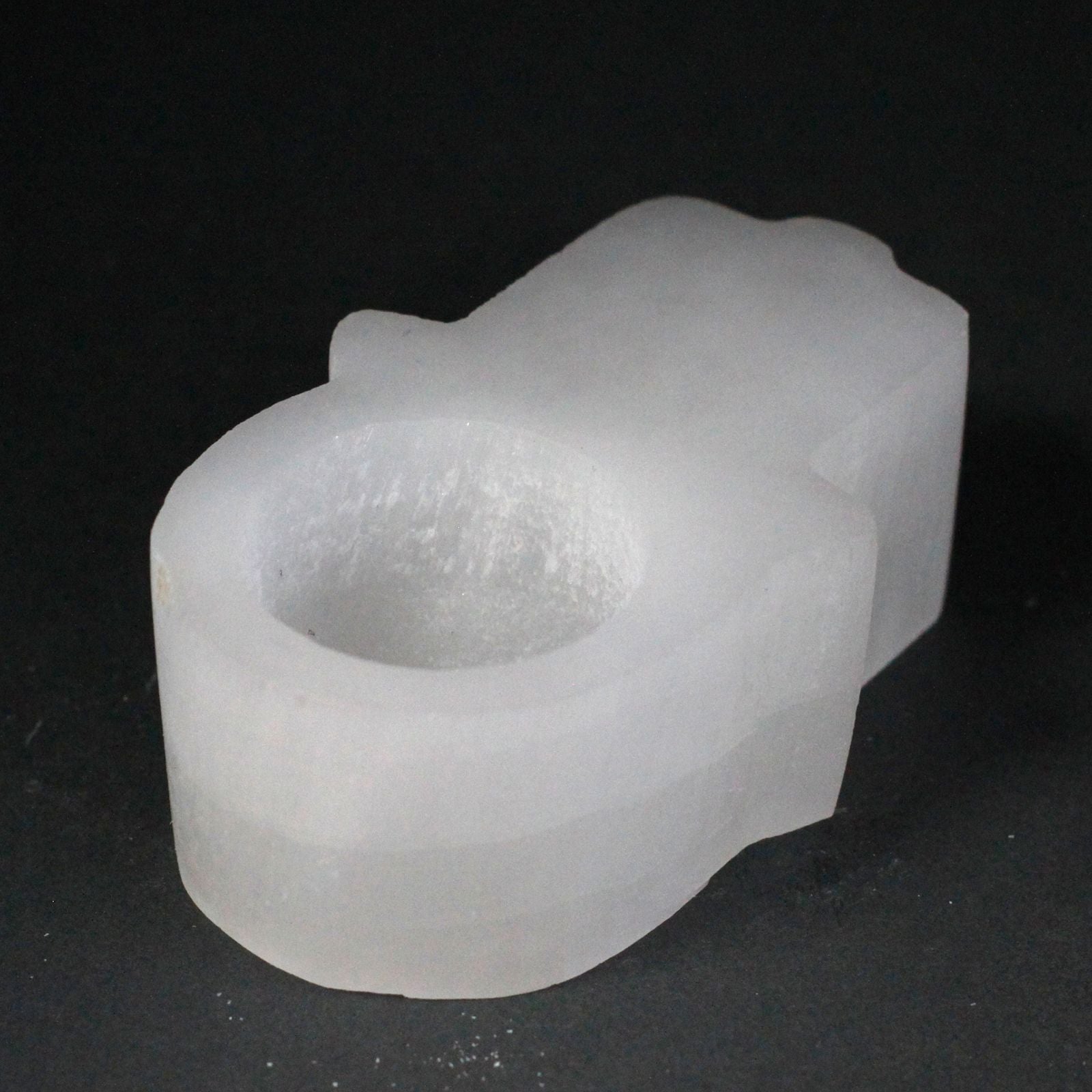 Polished Selenite Hamsa Candle Holder featuring satin white sheen and fibrous texture - Positive Faith Hope Love
