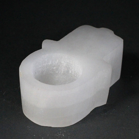 Polished Selenite Hamsa Candle Holder featuring satin white sheen and fibrous texture - Positive Faith Hope Love