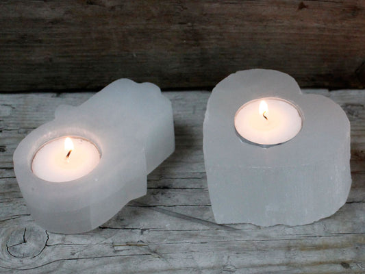 Polished Selenite Hamsa Candle Holder featuring satin white sheen and fibrous texture - Positive Faith Hope Love