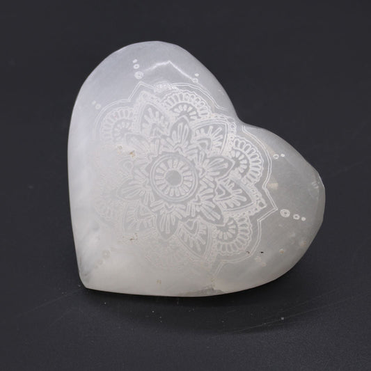 Polished Selenite Heart 7 8Cm Mandala Engraved featuring satin white sheen and fibrous texture - Positive Faith Hope Love
