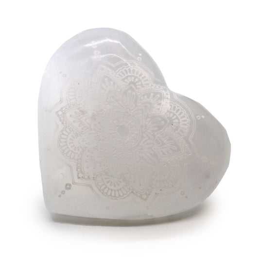 Polished Selenite Heart - 7-8cm - Mandala Engraved featuring satin white sheen and fibrous texture - Positive Faith Hope Love