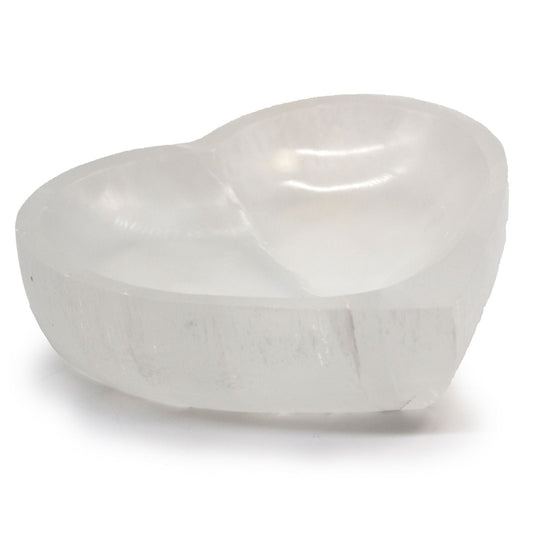Polished Selenite Heart Bowl - 15cm featuring satin white sheen and fibrous texture - Positive Faith Hope Love