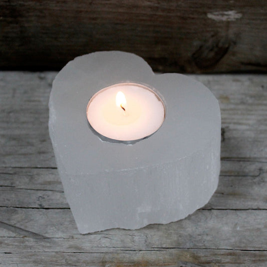 Polished Selenite Heart Candle Holder featuring satin white sheen and fibrous texture - Positive Faith Hope Love