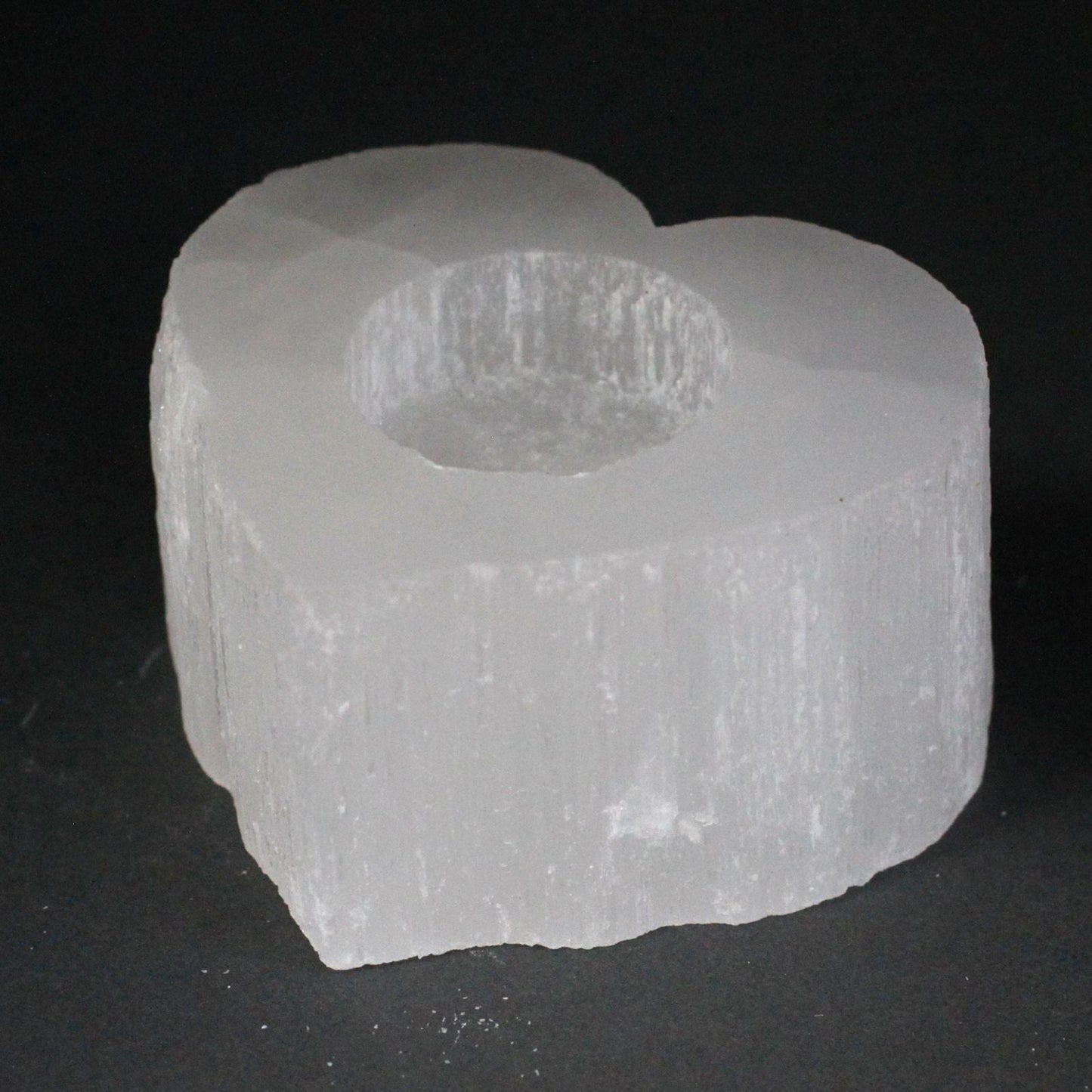 Polished Selenite Heart Candle Holder featuring satin white sheen and fibrous texture - Positive Faith Hope Love
