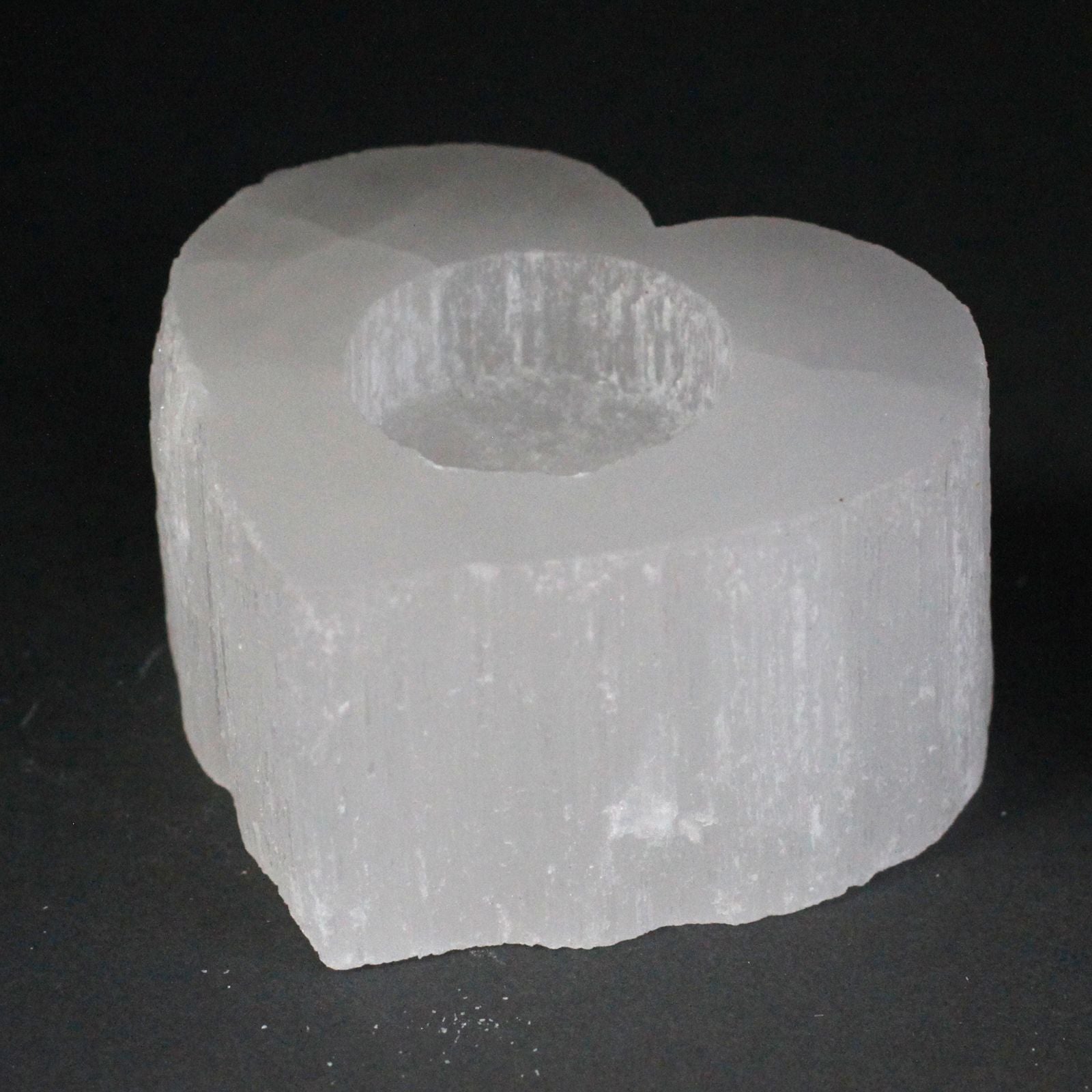Polished Selenite Heart Candle Holder featuring satin white sheen and fibrous texture - Positive Faith Hope Love