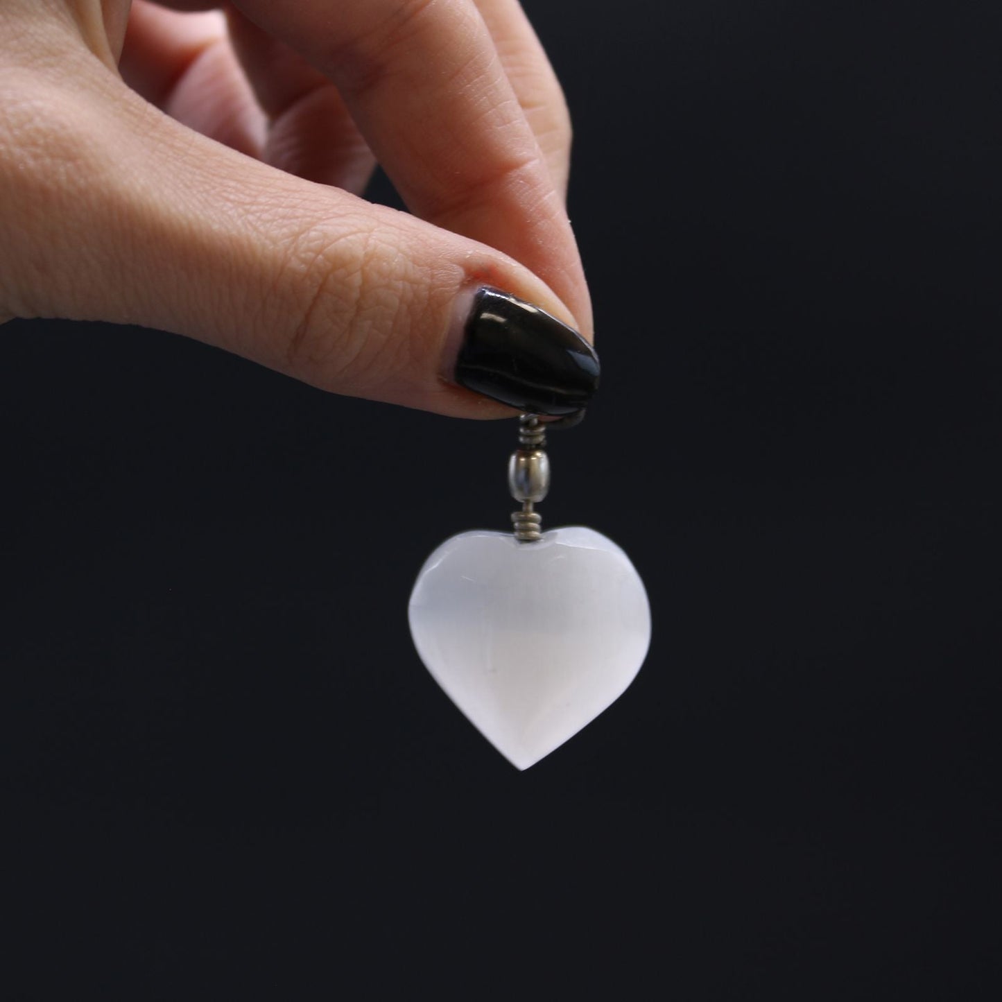 Polished Selenite Heart Pendant featuring satin white sheen and fibrous texture - Positive Faith Hope Love