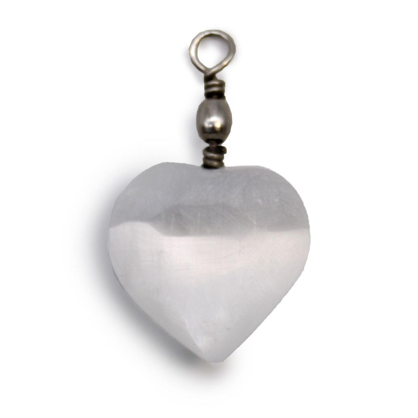 Polished Selenite Heart Pendant featuring satin white sheen and fibrous texture - Positive Faith Hope Love