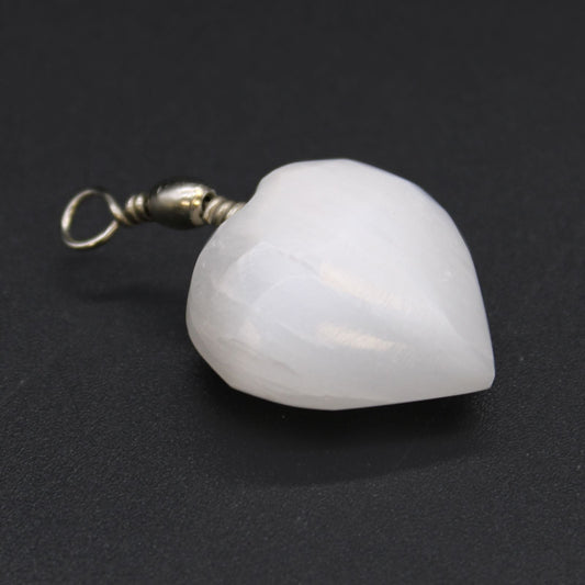 Polished Selenite Heart Pendant featuring satin white sheen and fibrous texture - Positive Faith Hope Love