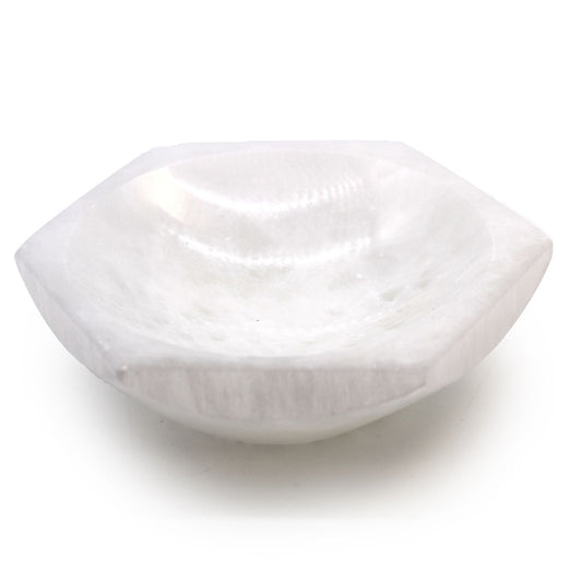 Polished Selenite Hex Bowl - 15cm featuring satin white sheen and fibrous texture - Positive Faith Hope Love