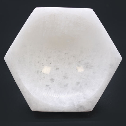 Polished Selenite Hex Bowl 15Cm featuring satin white sheen and fibrous texture - Positive Faith Hope Love