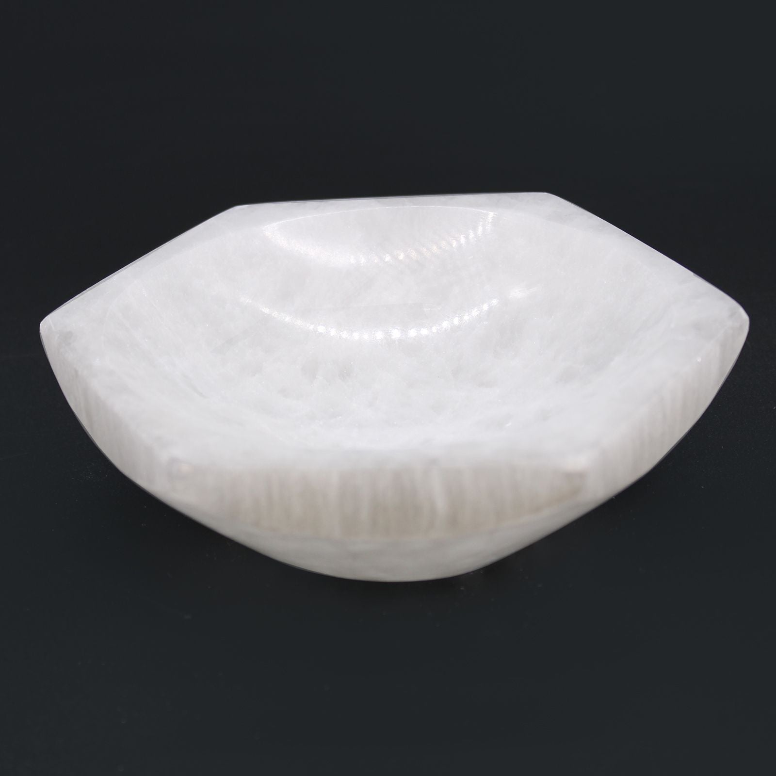 Polished Selenite Hex Bowl 15Cm featuring satin white sheen and fibrous texture - Positive Faith Hope Love