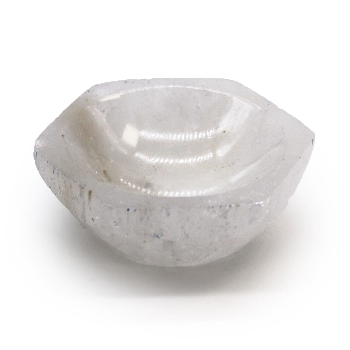 Polished Selenite Hex Bowl - 6cm featuring satin white sheen and fibrous texture - Positive Faith Hope Love