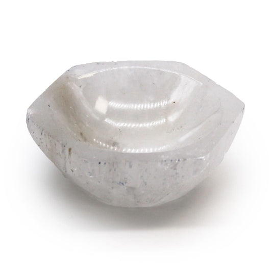 Polished Selenite Hex Bowl - 6cm featuring satin white sheen and fibrous texture - Positive Faith Hope Love