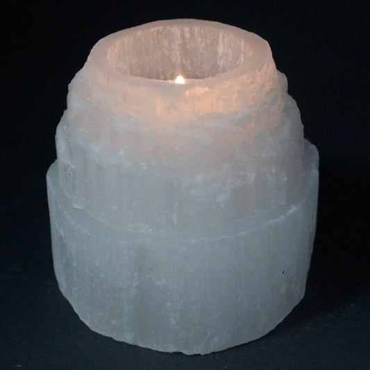 Polished Selenite Mountain Top Candle Holder - 8 cm featuring satin white sheen and fibrous texture - Positive Faith Hope Love