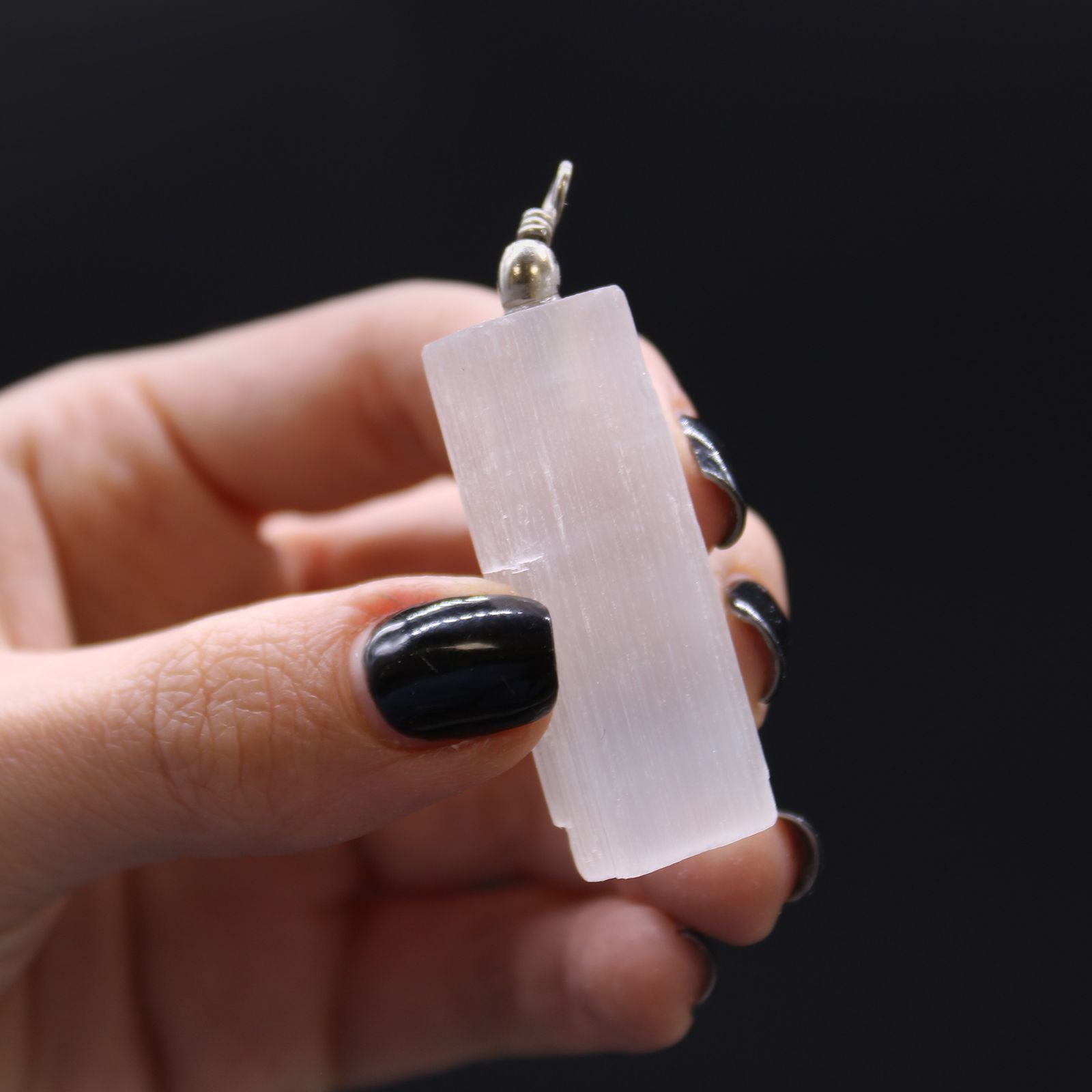 Polished Selenite Natural Pendant featuring satin white sheen and fibrous texture - Positive Faith Hope Love