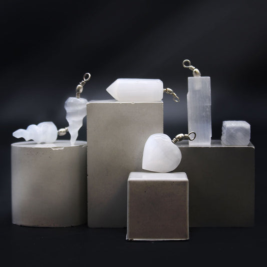 Polished Selenite Obelisk Pendant featuring satin white sheen and fibrous texture - Positive Faith Hope Love