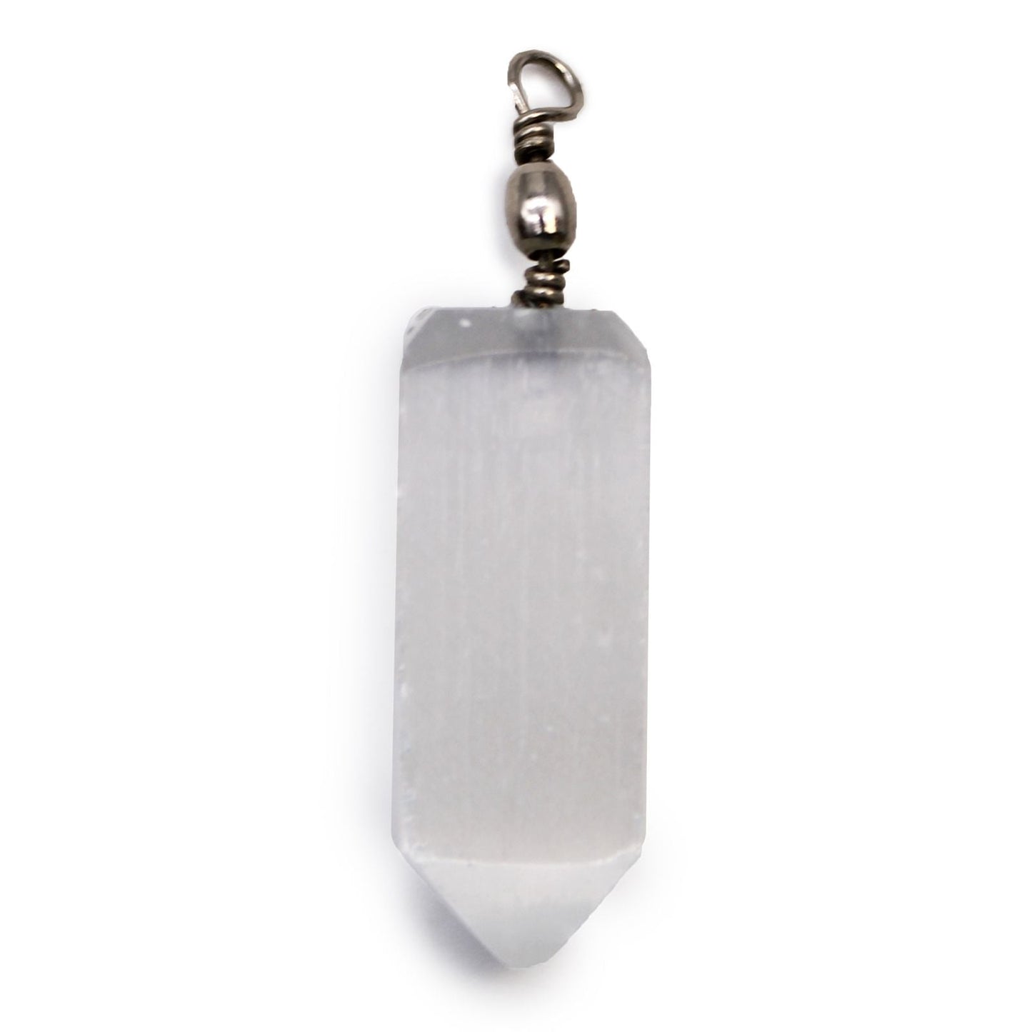 Polished Selenite Obelisk Pendant featuring satin white sheen and fibrous texture - Positive Faith Hope Love