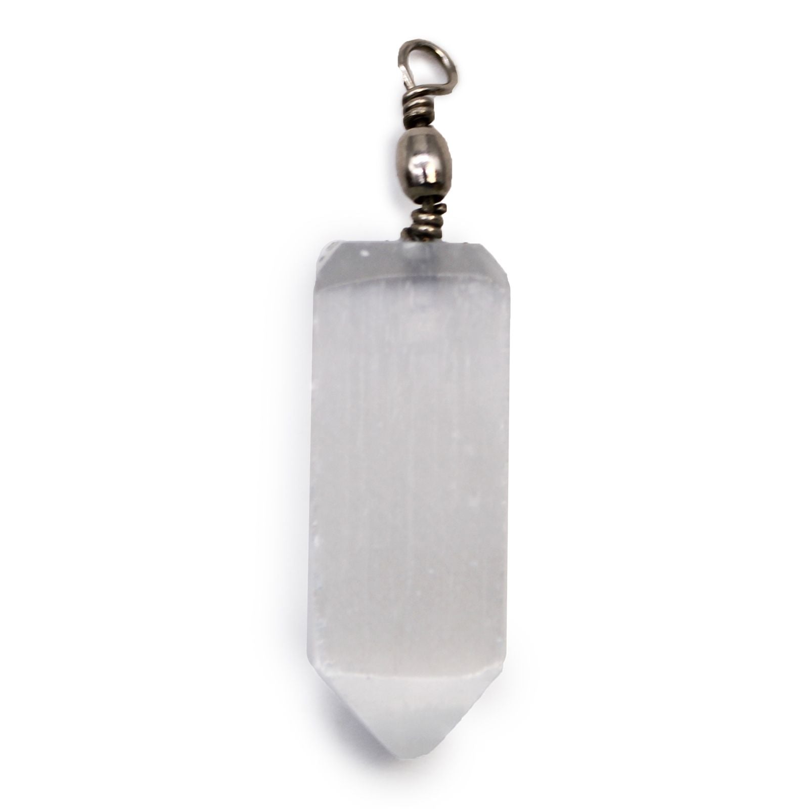 Polished Selenite Obelisk Pendant featuring satin white sheen and fibrous texture - Positive Faith Hope Love