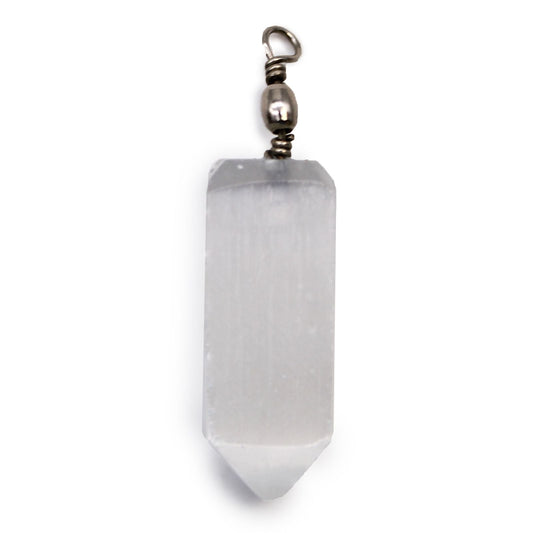 Polished Selenite Obelisk Pendant featuring satin white sheen and fibrous texture - Positive Faith Hope Love