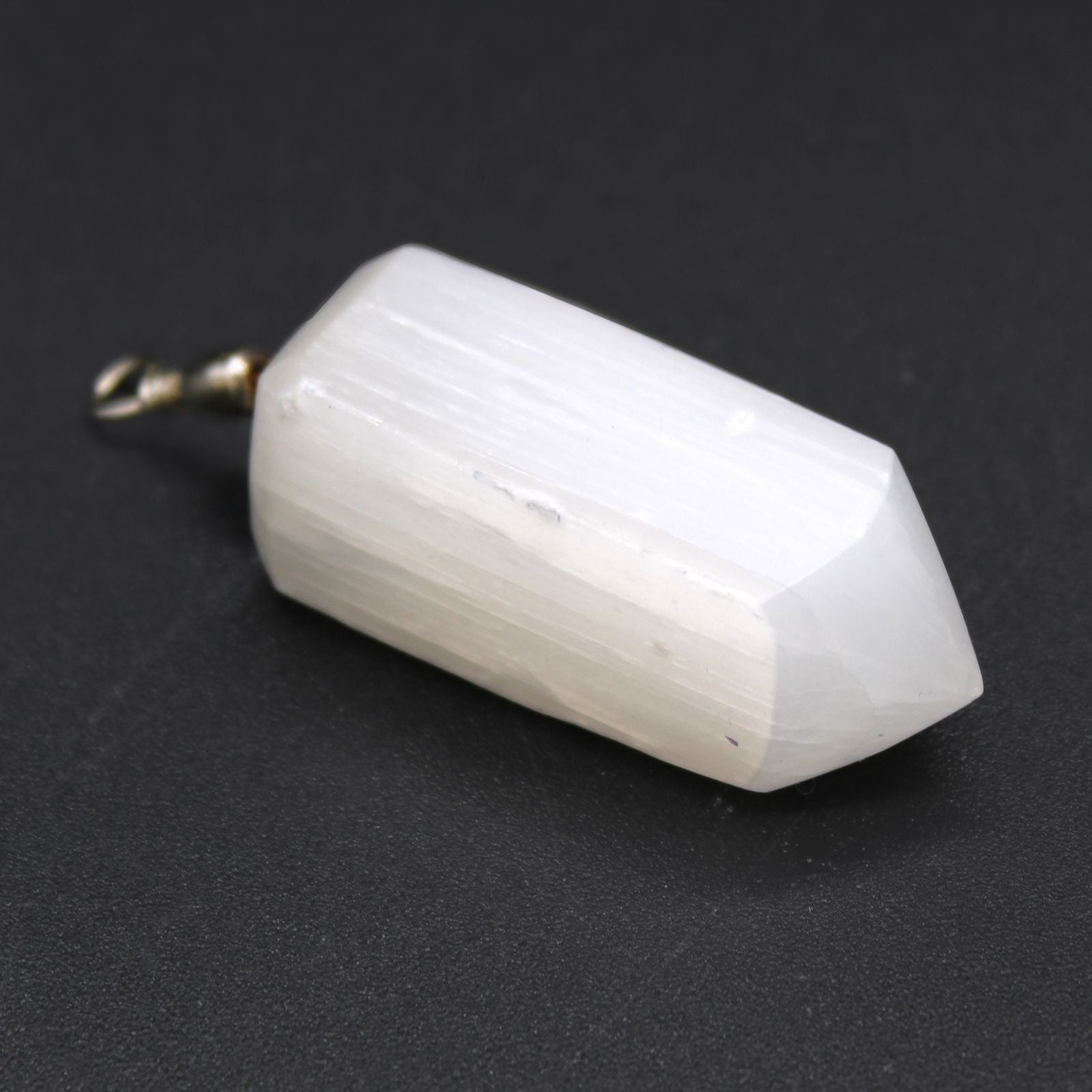 Polished Selenite Obelisk Pendant featuring satin white sheen and fibrous texture - Positive Faith Hope Love