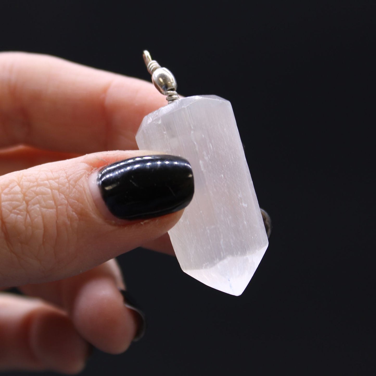 Polished Selenite Obelisk Pendant featuring satin white sheen and fibrous texture - Positive Faith Hope Love