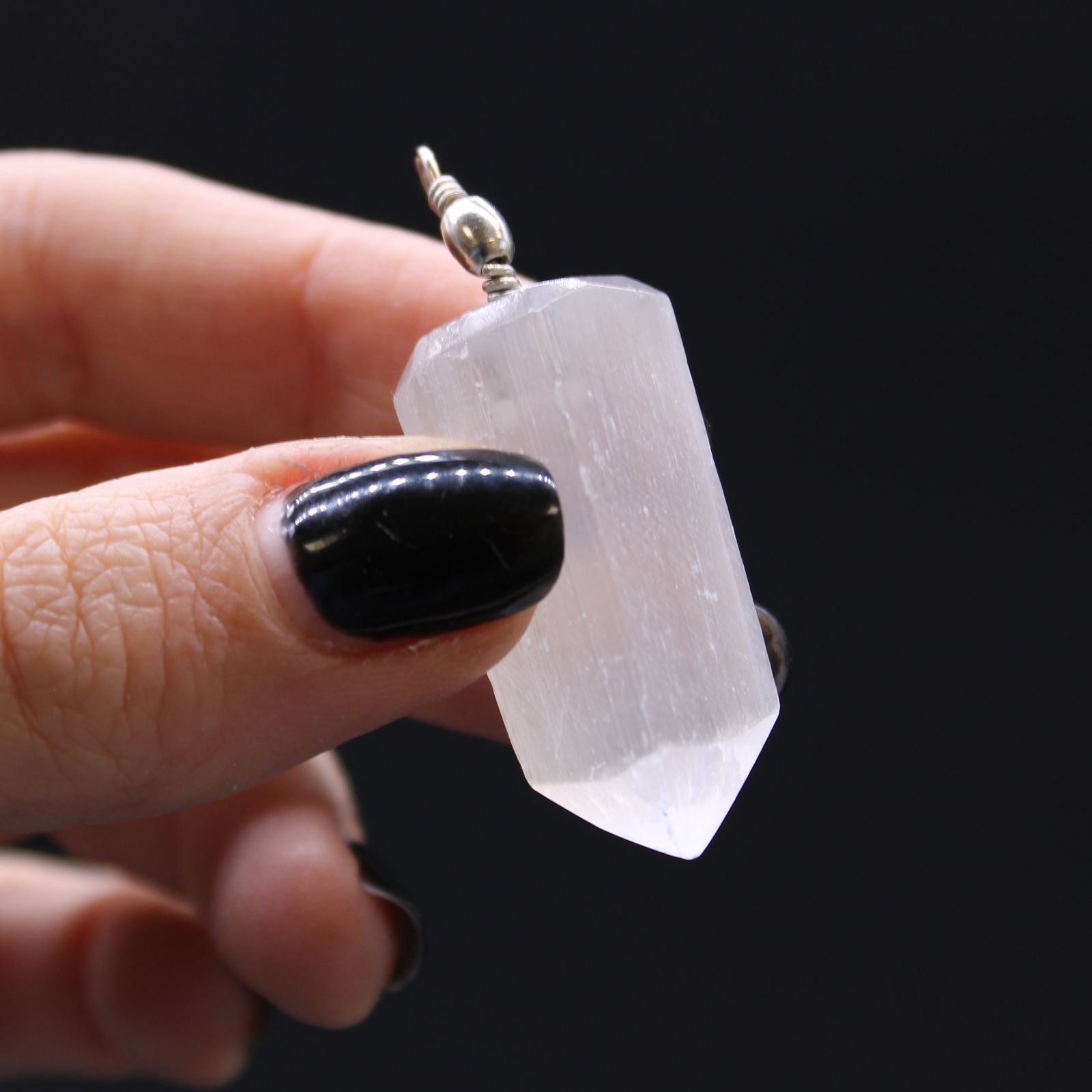 Polished Selenite Obelisk Pendant featuring satin white sheen and fibrous texture - Positive Faith Hope Love