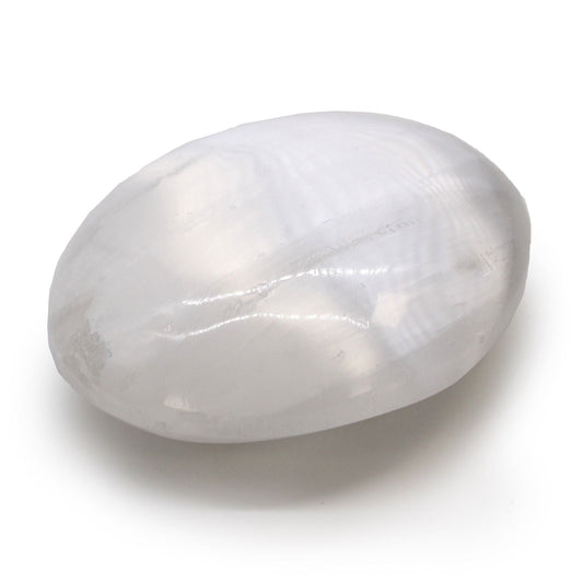 Polished Selenite Palm Stone 65 Cm featuring satin white sheen and fibrous texture - Positive Faith Hope Love
