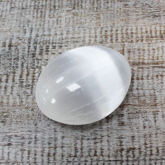 Polished Selenite Palm Stone - 6.5 cm featuring satin white sheen and fibrous texture - Positive Faith Hope Love