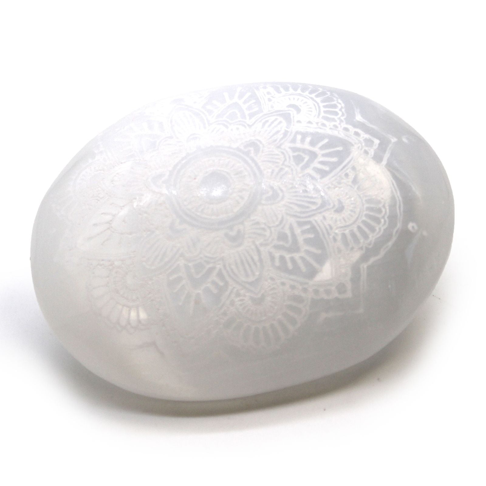 Polished Selenite Palm Stone - Mandala Engraved featuring satin white sheen and fibrous texture - Positive Faith Hope Love