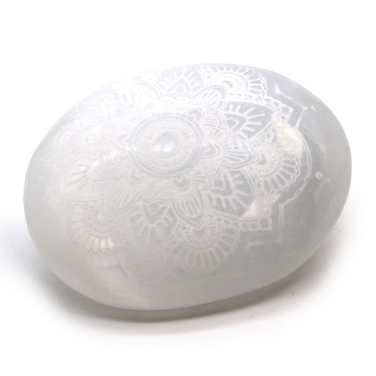 Polished Selenite Palm Stone - Mandala Engraved featuring satin white sheen and fibrous texture - Positive Faith Hope Love