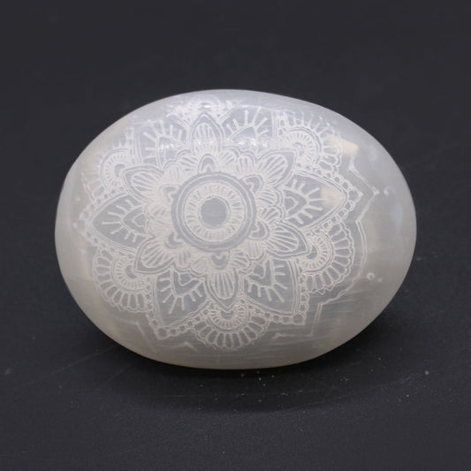 Polished Selenite Palm Stone Mandala Engraved featuring satin white sheen and fibrous texture - Positive Faith Hope Love