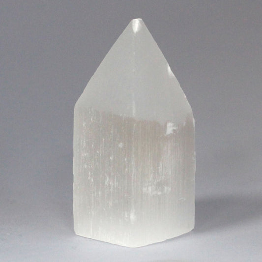 Polished Selenite Pencil Point Tower 10 Cm featuring satin white sheen and fibrous texture - Positive Faith Hope Love