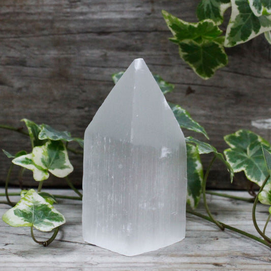 Polished Selenite Pencil Point Tower - 10 cm featuring satin white sheen and fibrous texture - Positive Faith Hope Love