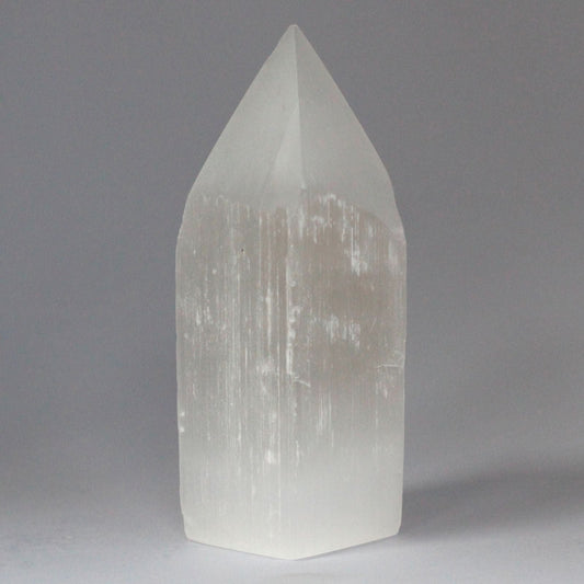 Polished Selenite Pencil Point Tower 15 Cm featuring satin white sheen and fibrous texture - Positive Faith Hope Love