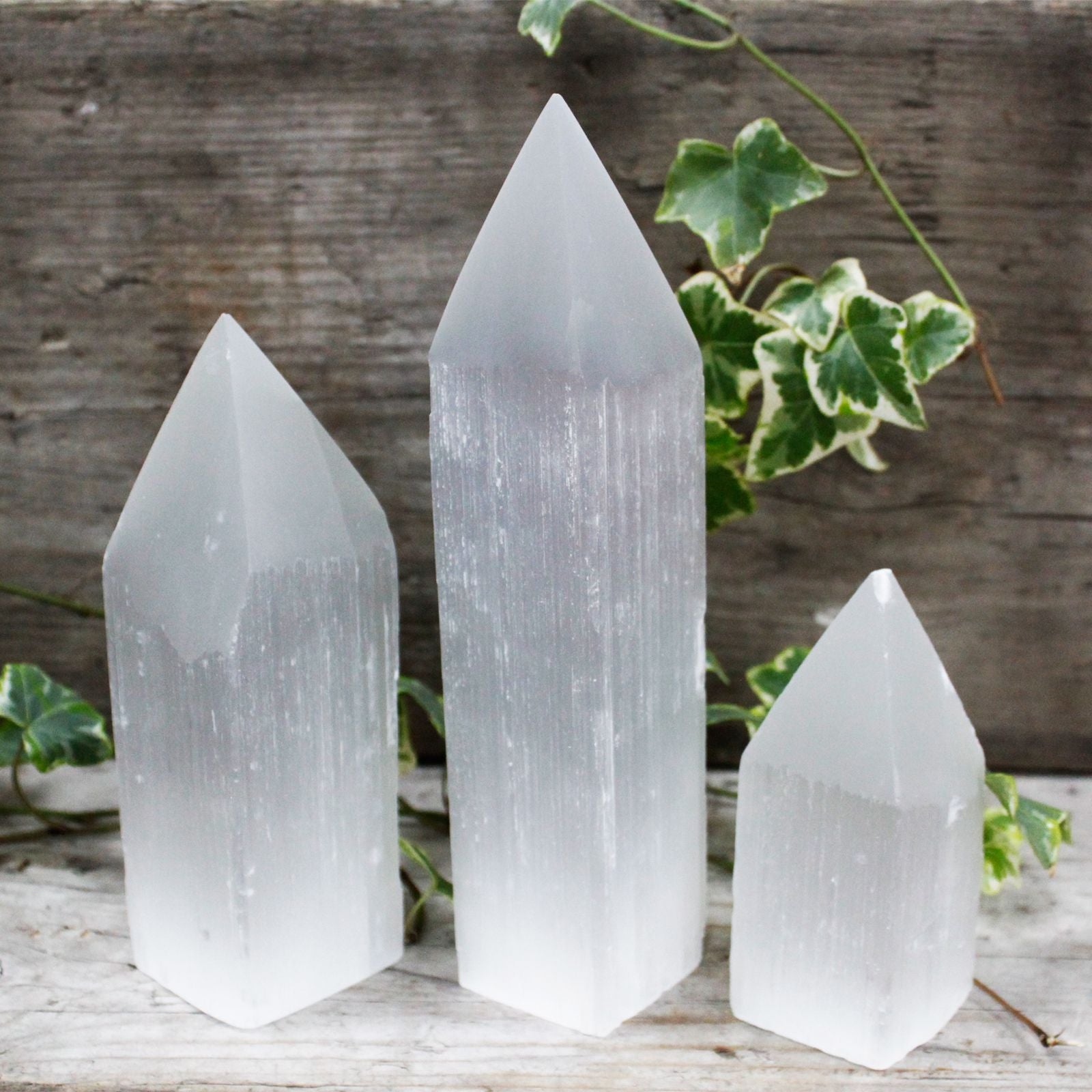 Polished Selenite Pencil Point Tower 20 Cm featuring satin white sheen and fibrous texture - Positive Faith Hope Love