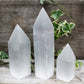 Polished Selenite Pencil Point Tower 20 Cm featuring satin white sheen and fibrous texture - Positive Faith Hope Love