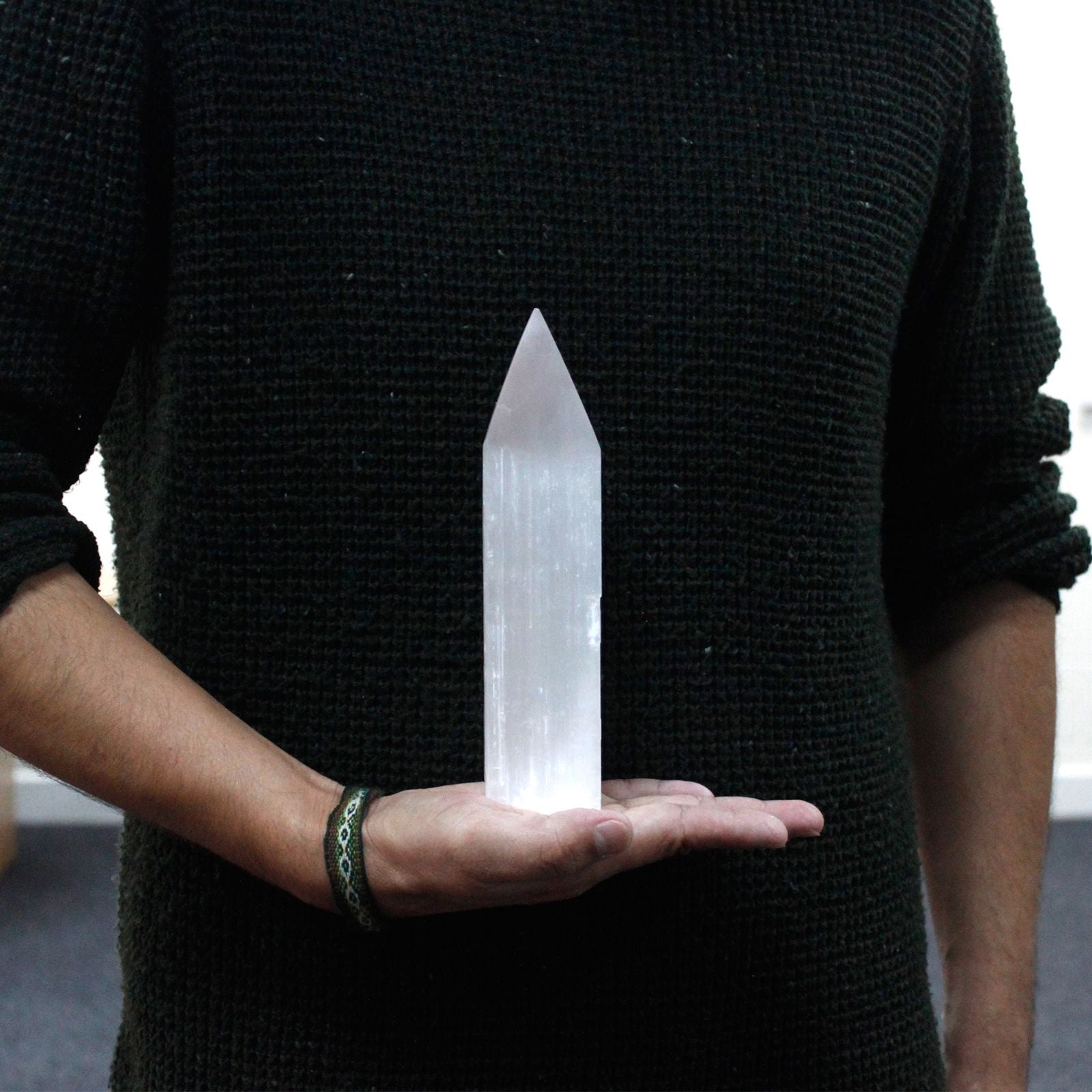 Polished Selenite Pencil Point Tower 20 Cm featuring satin white sheen and fibrous texture - Positive Faith Hope Love