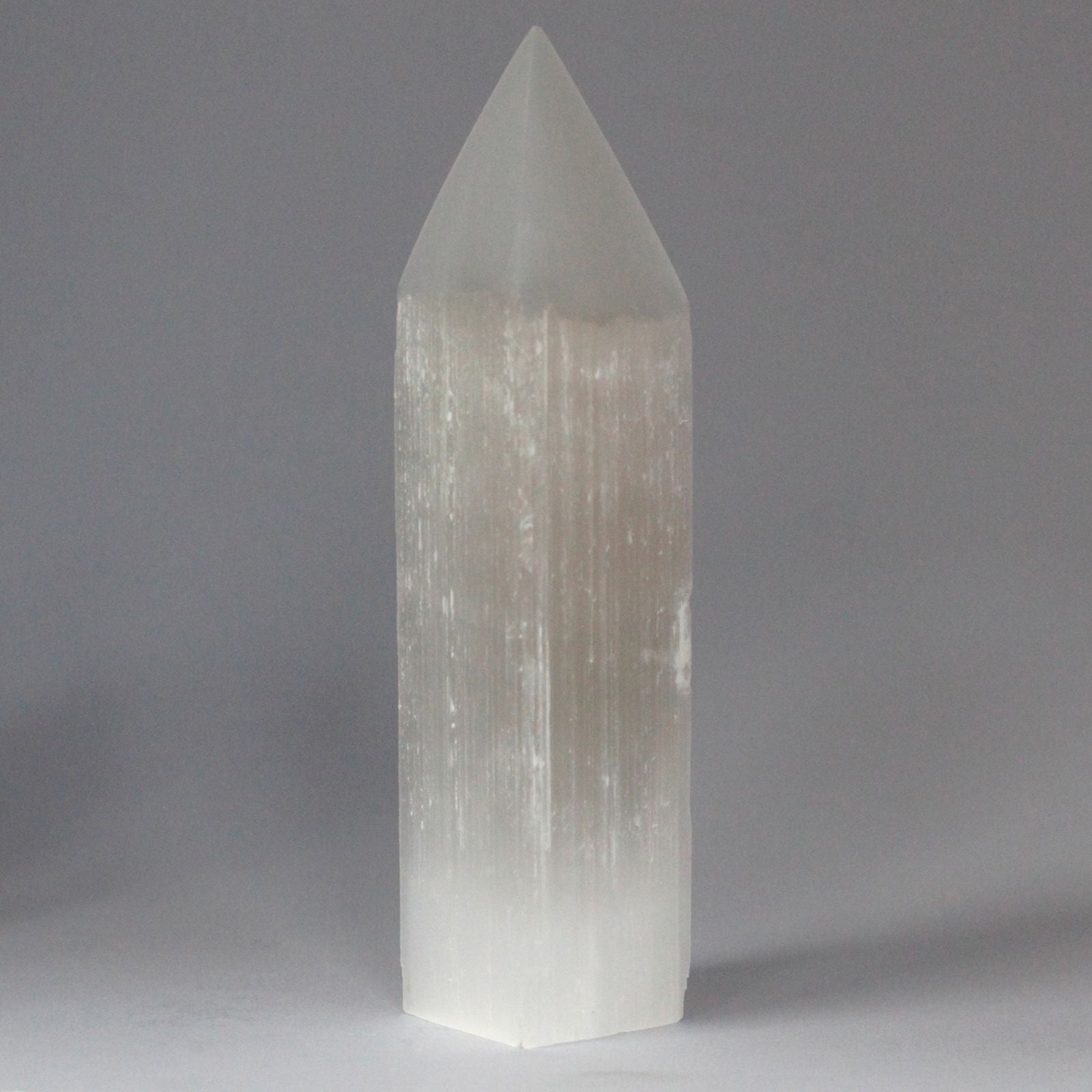 Polished Selenite Pencil Point Tower 20 Cm featuring satin white sheen and fibrous texture - Positive Faith Hope Love