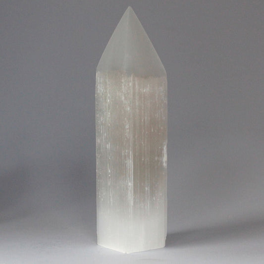 Polished Selenite Pencil Point Tower 20 Cm featuring satin white sheen and fibrous texture - Positive Faith Hope Love