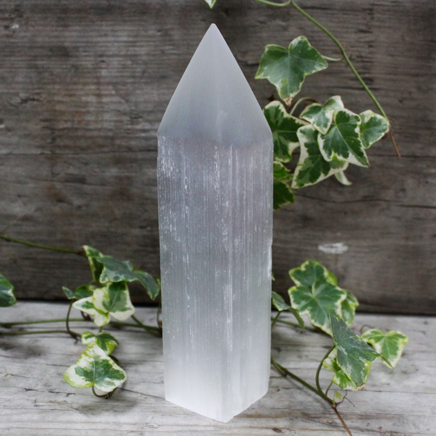 Polished Selenite Pencil Point Tower - 20 cm featuring satin white sheen and fibrous texture - Positive Faith Hope Love
