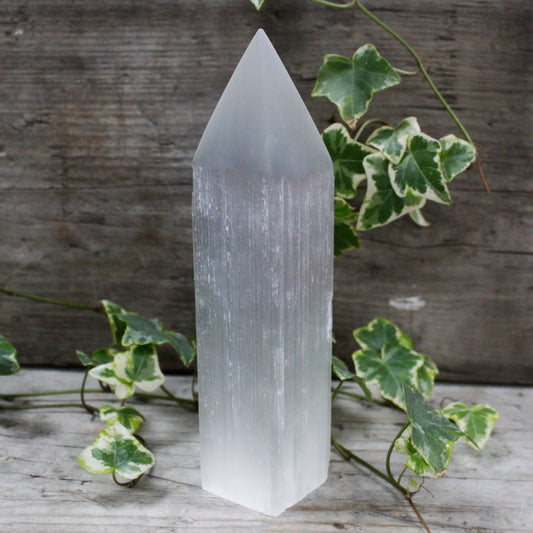 Polished Selenite Pencil Point Tower - 20 cm featuring satin white sheen and fibrous texture - Positive Faith Hope Love