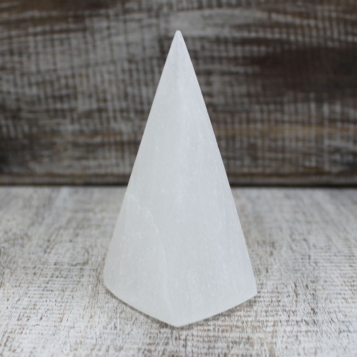 Polished Selenite Pyramid - 10 cm featuring satin white sheen and fibrous texture - Positive Faith Hope Love
