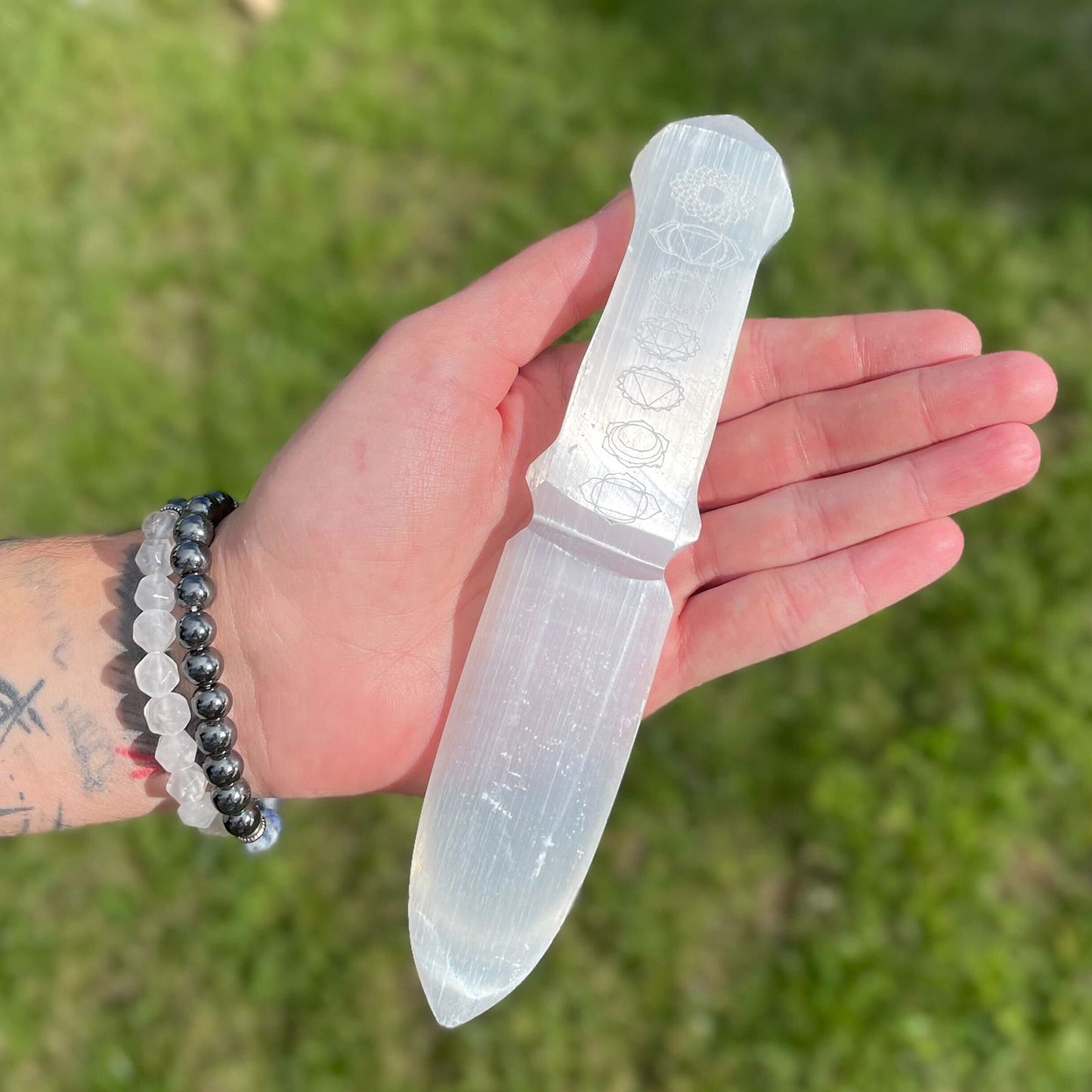 Polished Selenite Ritual Knife Chakra featuring satin white sheen and fibrous texture - Positive Faith Hope Love