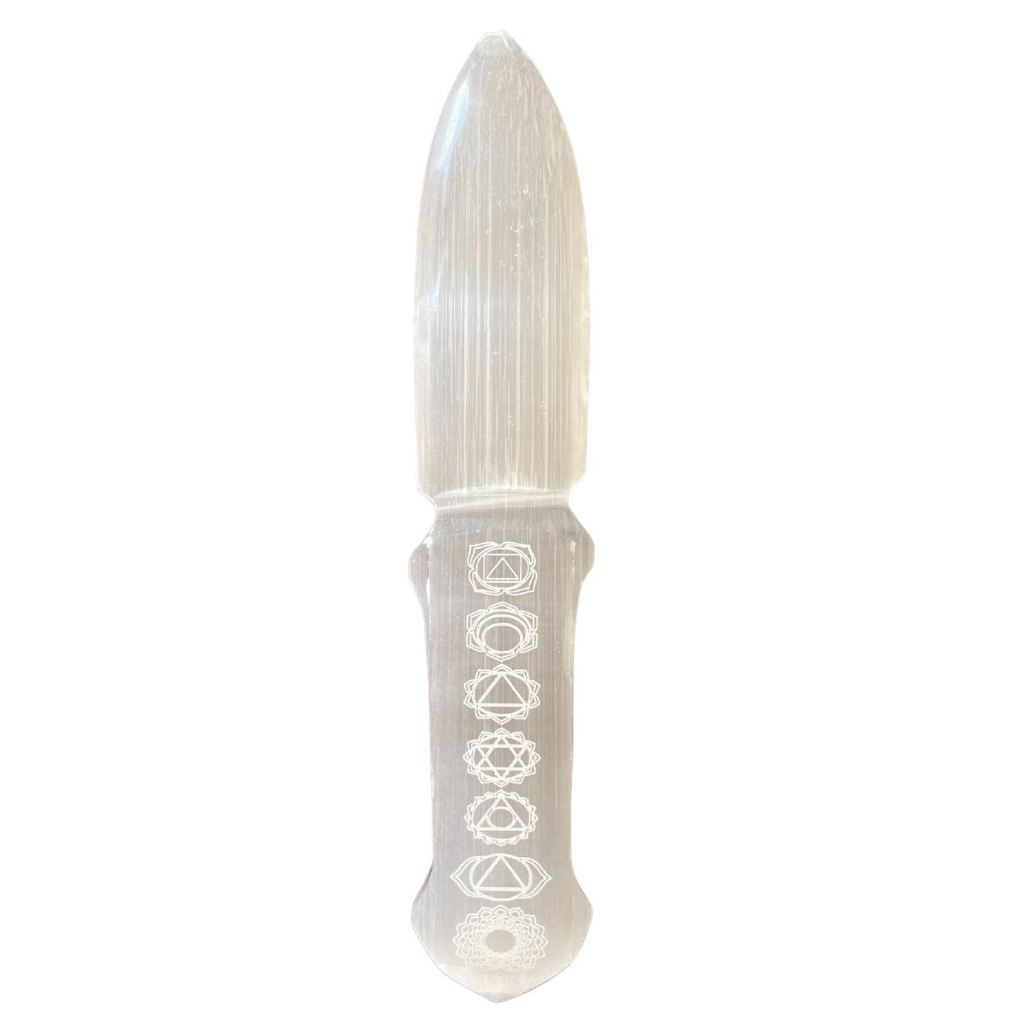 Polished Selenite Ritual Knife - Chakra featuring satin white sheen and fibrous texture - Positive Faith Hope Love